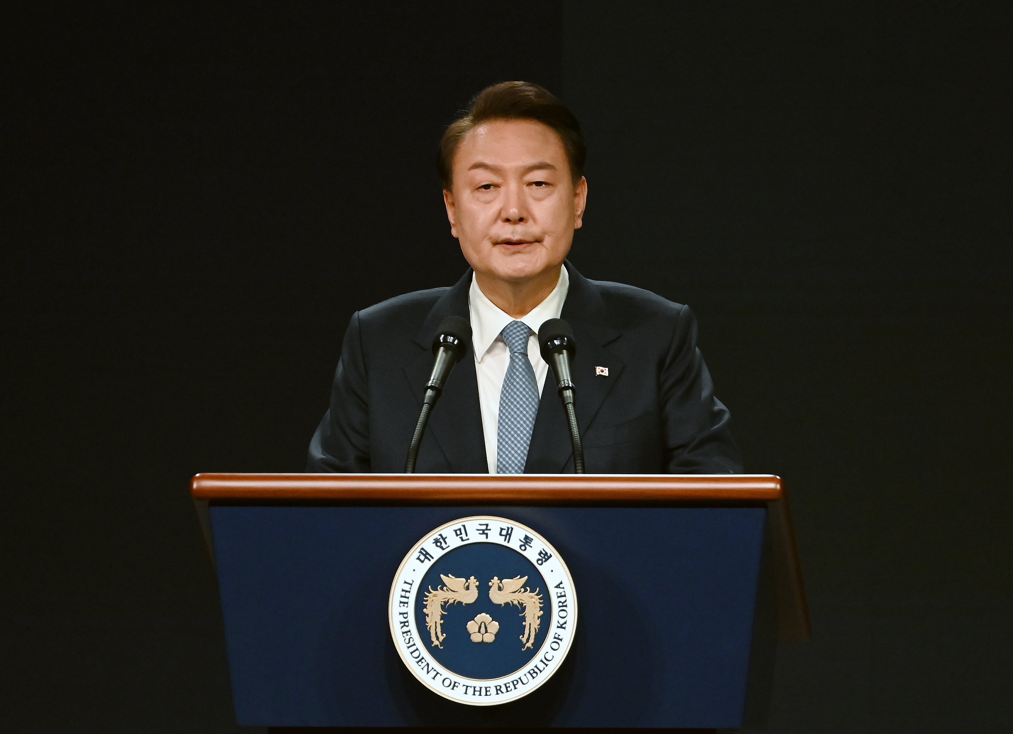 South Korean President Yoon Suk-Yeol speaks during the 3rd Summit for Democracy in Seoul on March 18. Photo: EPA-EFE